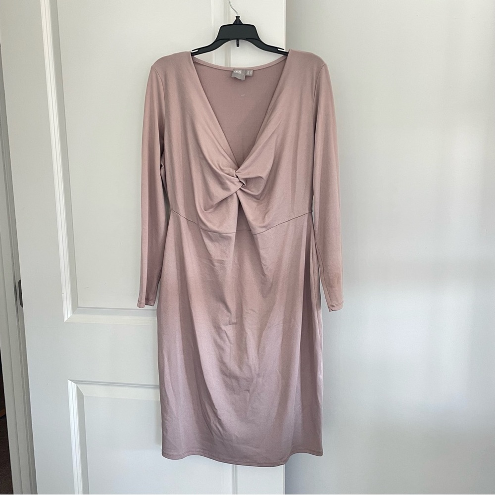 Asos Taupe Semi Formal Dress with V-Neck Gathered Bust and 3/4 Sleeves